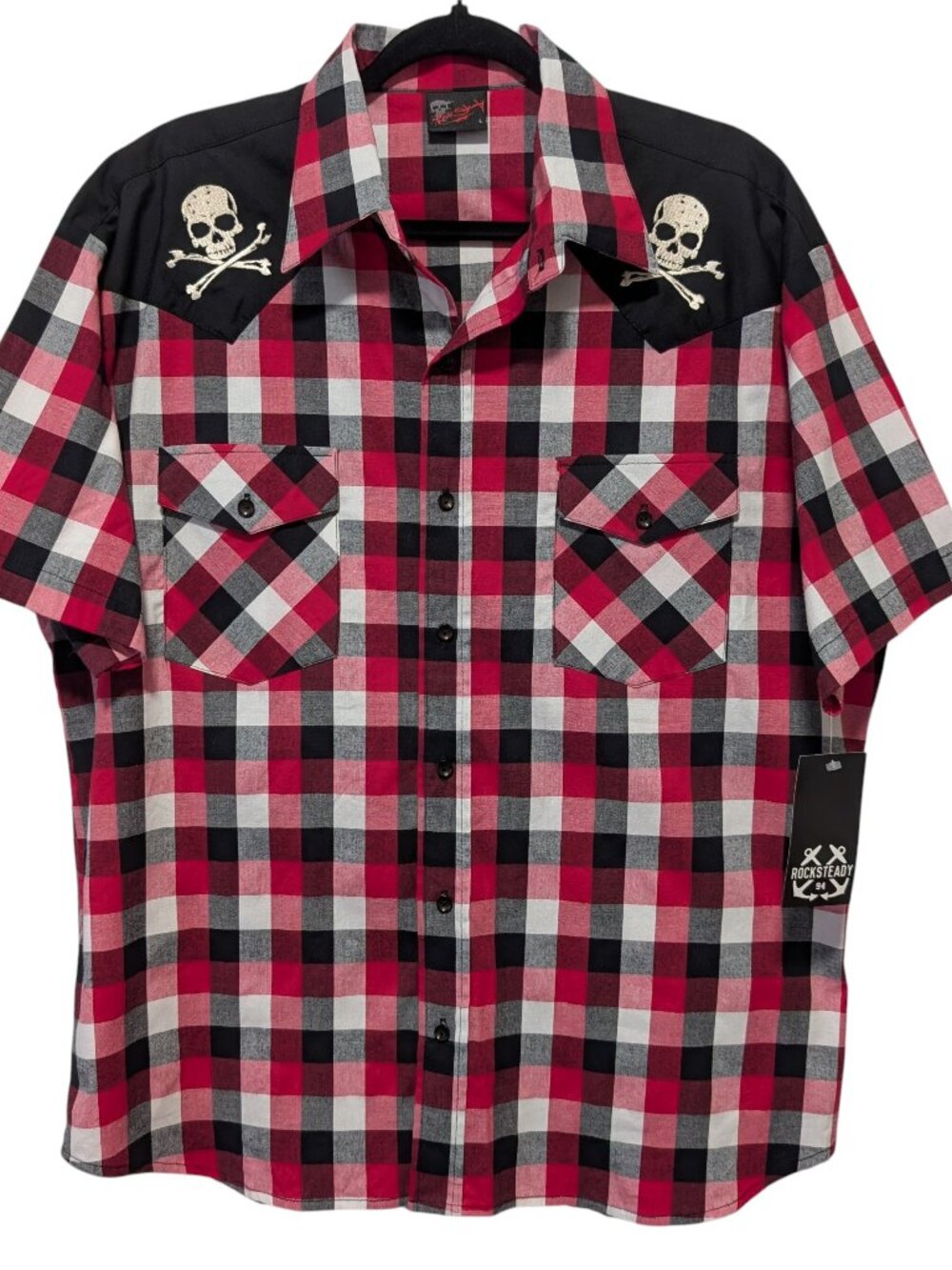 Rock Steady Mens NWT Size L Red Black Plaid Skulls S/S Western Rockabilly Shirt